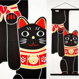 Black Cat Lovers Gift, Noren Curtain Panel Or Wall Decoration, Japanese Tenugui Maneki Neko Fortune Cats, Cat Quilt Fabric, Chat Tissu - thumbnail 2
