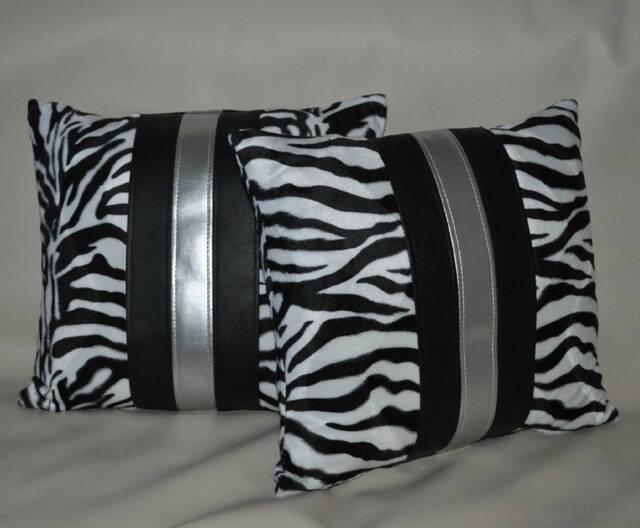 "2 Zebra Black Silver Faux Fur & Leather Cushions 16"" 18"" 20" - image 1