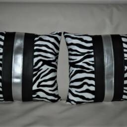 "2 Zebra Black Silver Faux Fur & Leather Cushions 16"" 18"" 20" - thumbnail 3