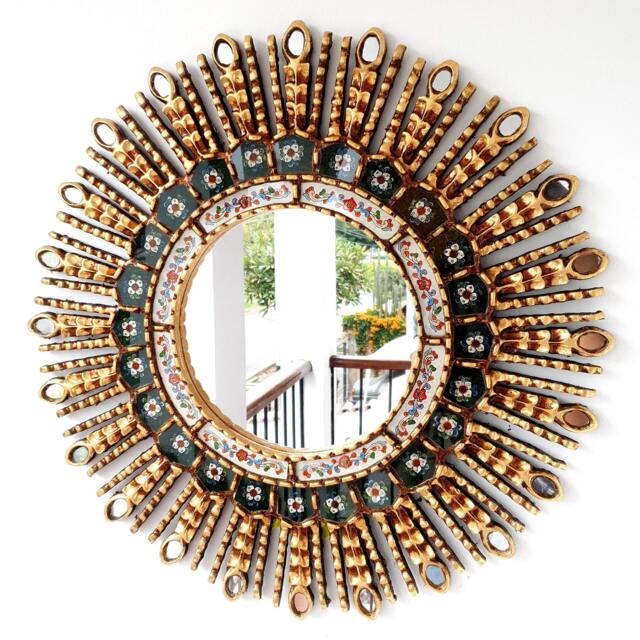 Peruvian Military Green Eye Mirror 60 cm Handmade Wall Decor - Carved Wood Round Statement For Living Room Bathroom - image 1