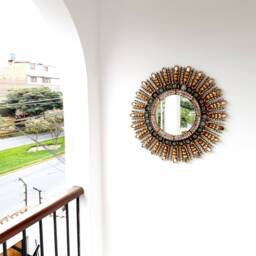 Peruvian Military Green Eye Mirror 60 cm Handmade Wall Decor - Carved Wood Round Statement For Living Room Bathroom - thumbnail 2