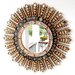 Peruvian Military Green Eye Mirror 60 cm Handmade Wall Decor - Carved Wood Round Statement For Living Room Bathroom - thumbnail 1