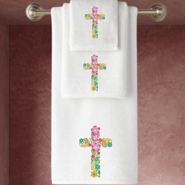 Embroidered Floral Cross Towels, Personalized Luxury Cotton - image 1