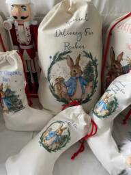 Personalised Rabbit Christmas Santa Sack, Custom Holiday Bunny Stocking, Linen Bag