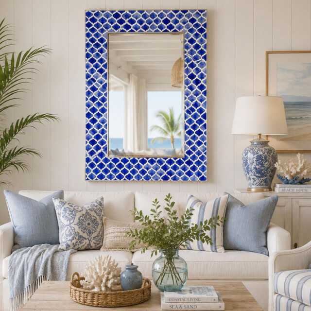 Handmade Blue Bone Inlay Moroccan Trellis Pattern Rectangular Wall Mirror, Decorative Accent Mirror - image 1