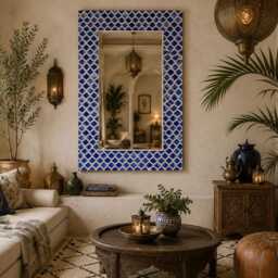 Handmade Blue Bone Inlay Moroccan Trellis Pattern Rectangular Wall Mirror, Decorative Accent Mirror - thumbnail 3
