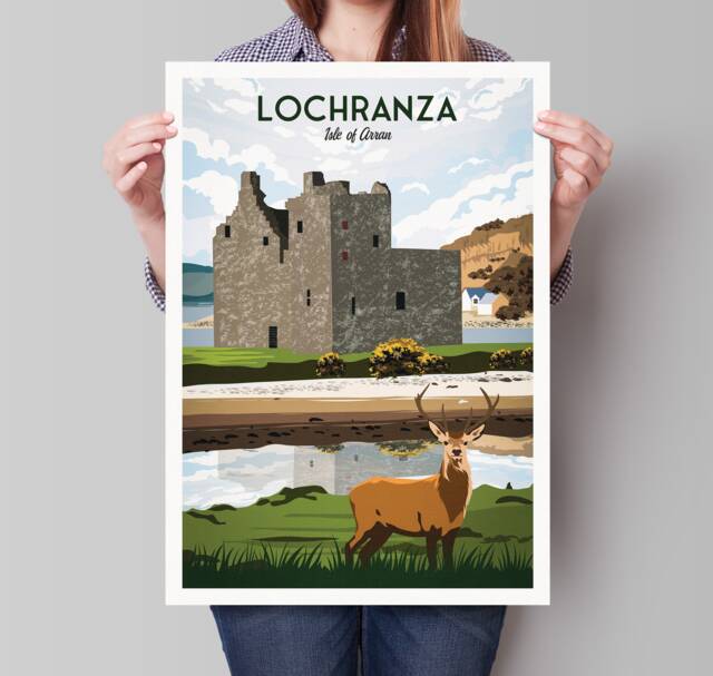 Lochranza Print - Travel Poster Castle Isle Of Arran Stag Scottish Wall Art Scotland Gift - image 1