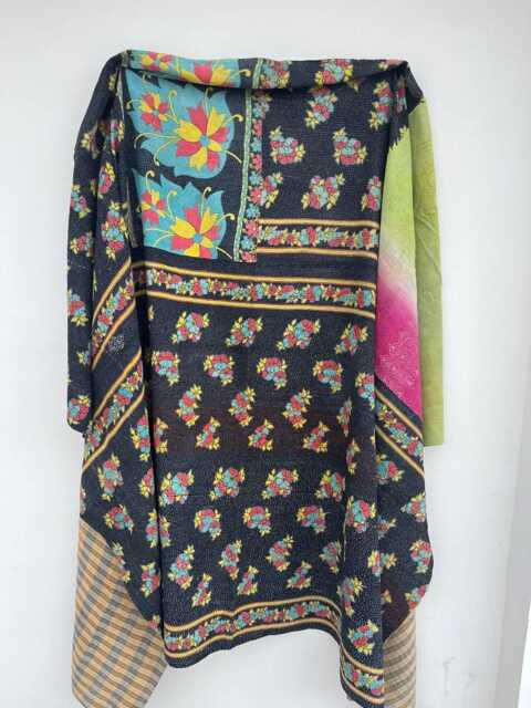 Indian Handmade Patchwork Kantha Quilt Reversible Block Print Cotton Bedspread - image 1
