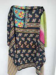 Indian Handmade Patchwork Kantha Quilt Reversible Block Print Cotton Bedspread - thumbnail 1