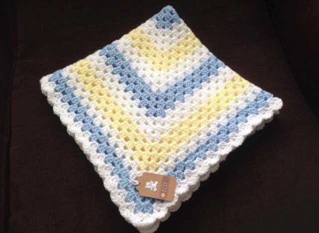Crocheted Granny Square Baby Blanket Blue, Lemon, White Acrylic Throw - image 1