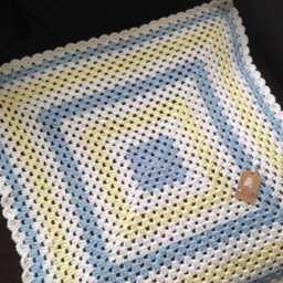 Crocheted Granny Square Baby Blanket Blue, Lemon, White Acrylic Throw - thumbnail 2