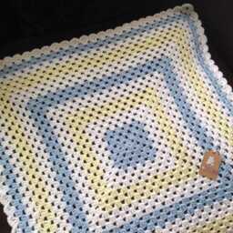 Crocheted Granny Square Baby Blanket Blue, Lemon, White Acrylic Throw - thumbnail 3