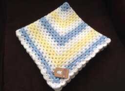 Crocheted Granny Square Baby Blanket Blue, Lemon, White Acrylic Throw - thumbnail 1