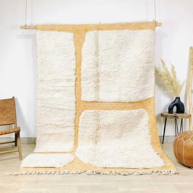 Hand Tufted Moroccan Ivory & Gold Berber Rug, Handwoven Wool Shag Rug With Geometric Blocks, Boho Nursery Large 9x12 Area - image 1