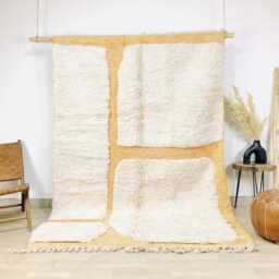 Hand Tufted Moroccan Ivory & Gold Berber Rug, Handwoven Wool Shag Rug With Geometric Blocks, Boho Nursery Large 9x12 Area - thumbnail 1