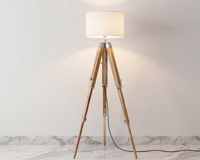 Floor Tripod Lamp Wooden Standing With White Fabric Shade Modern Scandinavian Light For Living Room Bedroom Corner Decor - image 1