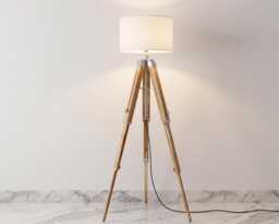 Floor Tripod Lamp Wooden Standing With White Fabric Shade Modern Scandinavian Light For Living Room Bedroom Corner Decor