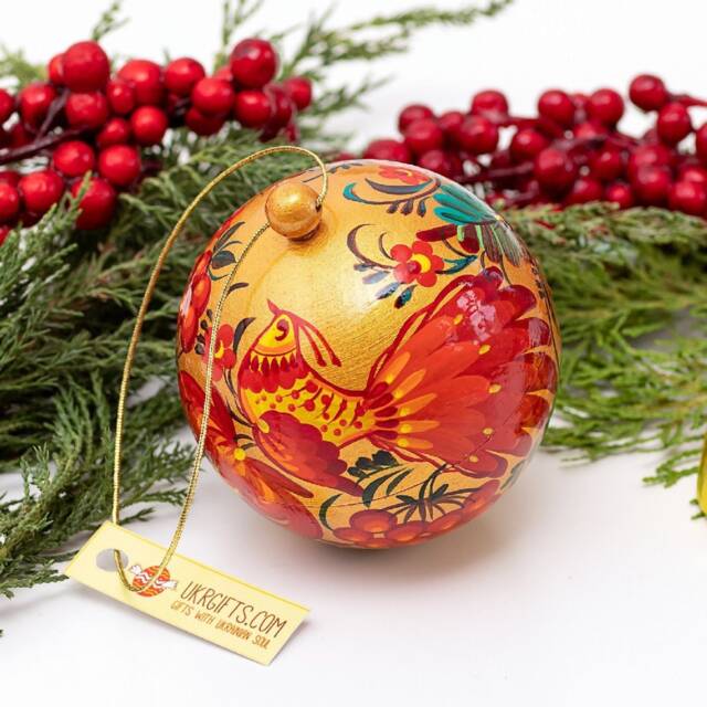 Hand Painted Christmas Ball With Bird Design/Gift-Box, Wooden Ukrainian Ornaments Perykivka Painting, Handmade Baubles - image 1