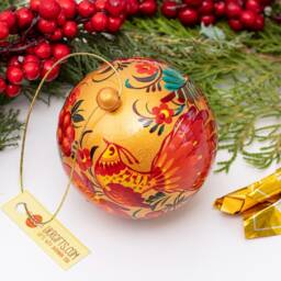 Hand Painted Christmas Ball With Bird Design/Gift-Box, Wooden Ukrainian Ornaments Perykivka Painting, Handmade Baubles - thumbnail 2