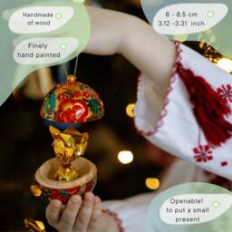 Hand Painted Christmas Ball With Bird Design/Gift-Box, Wooden Ukrainian Ornaments Perykivka Painting, Handmade Baubles - thumbnail 3