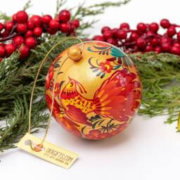 Hand Painted Christmas Ball With Bird Design/Gift-Box, Wooden Ukrainian Ornaments Perykivka Painting, Handmade Baubles