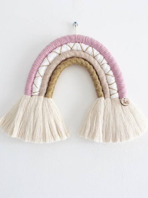Pink & Gold Macrame Rainbow - Hanging Pink Rainbow Baby Shower Gift Decoration Girls Nursery Decor Playroom Decoration - image 1