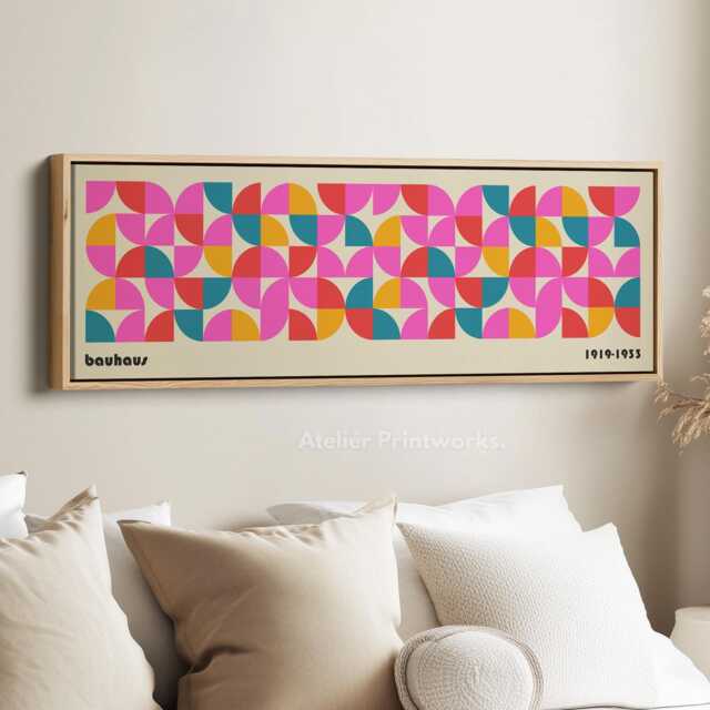 Cream Beige Bauhaus Wall Art Retro Geometric Horizontal Canvas Print in Pink Blue & Yellow For Hallway Bedroom Or Living Room - image 1