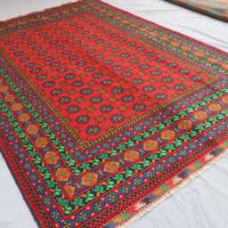 7x10 Red Afghan Rug, Hand Knotted Soft Pile Wool Oriental Area Turkmen Tribal Bukhara Rug - Rugs For Living Room, Bedroom - thumbnail 2