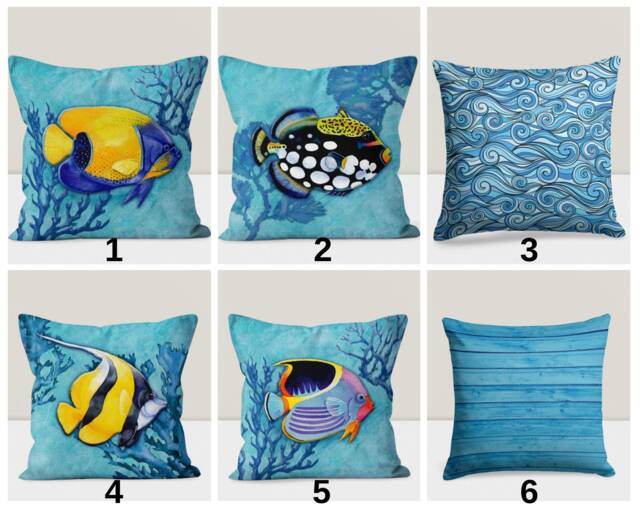 Coastal Fish Pillow Cover, Marine Beach Decor, Sea Theme Cushion Case, Summer Holiday Beachfront - image 1