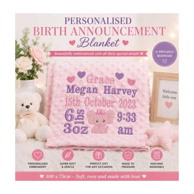 Personalised Embroidered Birth Announcement Blanket - Baby Name, Date, Time, Weight & Details 100 X 75cm Newborn Keepsake Gift - image 1