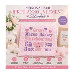 Personalised Embroidered Birth Announcement Blanket - Baby Name, Date, Time, Weight & Details 100 X 75cm Newborn Keepsake Gift - thumbnail 1