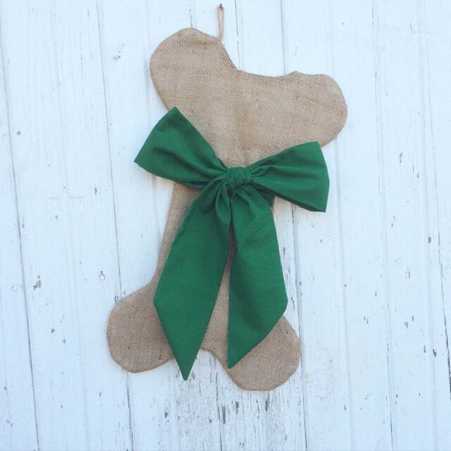 Burlap Dog Bone Christmas Stockings With Bow - For Her-Puppy/Dog Stocking-Choose Your Colors-Rustic/Shabby Chic/Natural-Red & Green - image 1