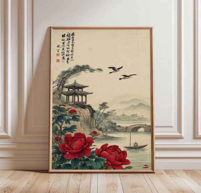 Chinese Landscape Wall Art, Red Peony Print, Asian Pagoda Poster, Traditional Oriental Painting, Tranquil River Scene, Poster - image 1