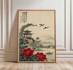 Chinese Landscape Wall Art, Red Peony Print, Asian Pagoda Poster, Traditional Oriental Painting, Tranquil River Scene, Poster - thumbnail 1