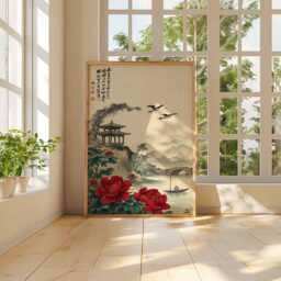 Chinese Landscape Wall Art, Red Peony Print, Asian Pagoda Poster, Traditional Oriental Painting, Tranquil River Scene, Poster - thumbnail 3