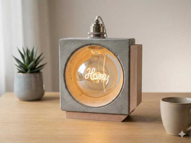 Square Concrete Lamp - Modern Design Table Lamp Made Of Concrete, Minimalist Living Room Lamp, Handmade, Industrial Style - image 1