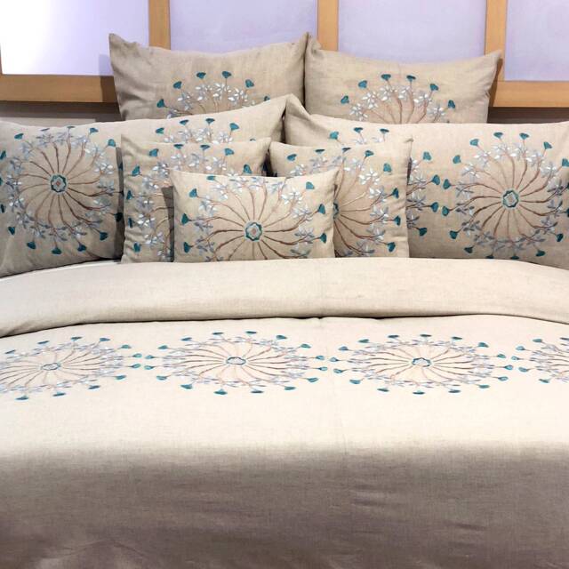 King, Queen & Twin Size Beige Decorative Duvet Cover Set, Linen Embroidery, Abstract Contemporary - Ferris Wheel - image 1