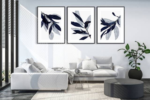 Blue Wall Prints, Botanical Art, Navy Home Decor, Hand Drawn Plants, Set Of 3 - image 1