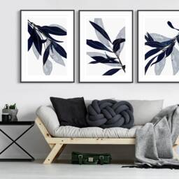 Blue Wall Prints, Botanical Art, Navy Home Decor, Hand Drawn Plants, Set Of 3 - thumbnail 3