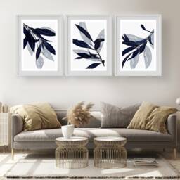 Blue Wall Prints, Botanical Art, Navy Home Decor, Hand Drawn Plants, Set Of 3 - thumbnail 2