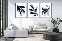 Blue Wall Prints, Botanical Art, Navy Home Decor, Hand Drawn Plants, Set Of 3 - thumbnail 1
