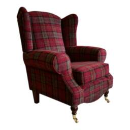 Queen Anne Wing Back Cottage Fireside Chair Lana Red Tartan Fabric