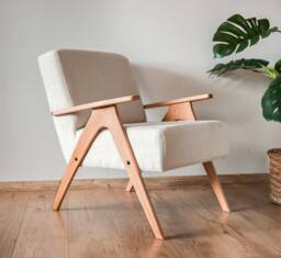 Mid Century Armchair Linen Upholstery, Solid Beech Frame, Handmade