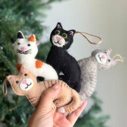 Felt Stitched Cat Christmas Ornament, Gift For Lovers, Needle Felted, Fair Trade