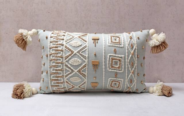 Light Blue Lumbar Pillow Cover, Embroidered Cotton Cushion With Tassels, Boho Throw Decor - image 1