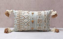 Light Blue Lumbar Pillow Cover, Embroidered Cotton Cushion With Tassels, Boho Throw Decor