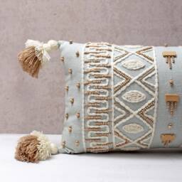 Light Blue Lumbar Pillow Cover, Embroidered Cotton Cushion With Tassels, Boho Throw Decor - thumbnail 2