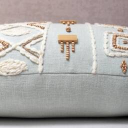 Light Blue Lumbar Pillow Cover, Embroidered Cotton Cushion With Tassels, Boho Throw Decor - thumbnail 3