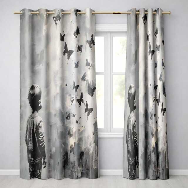 Boy Watching Black Butterflies Monochrome Street Art Modern Design For Home Decor Readymade Eyelet Ring Top Thermal 100% Blackout Curtains - image 1