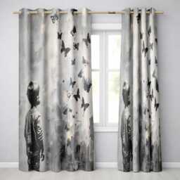 Boy Watching Black Butterflies Monochrome Street Art Modern Design For Home Decor Readymade Eyelet Ring Top Thermal 100% Blackout Curtains - thumbnail 1